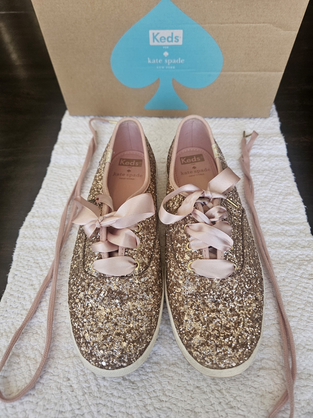 kate spade Rose Gold Glitter Ribbon Lace Sneakers - Women's